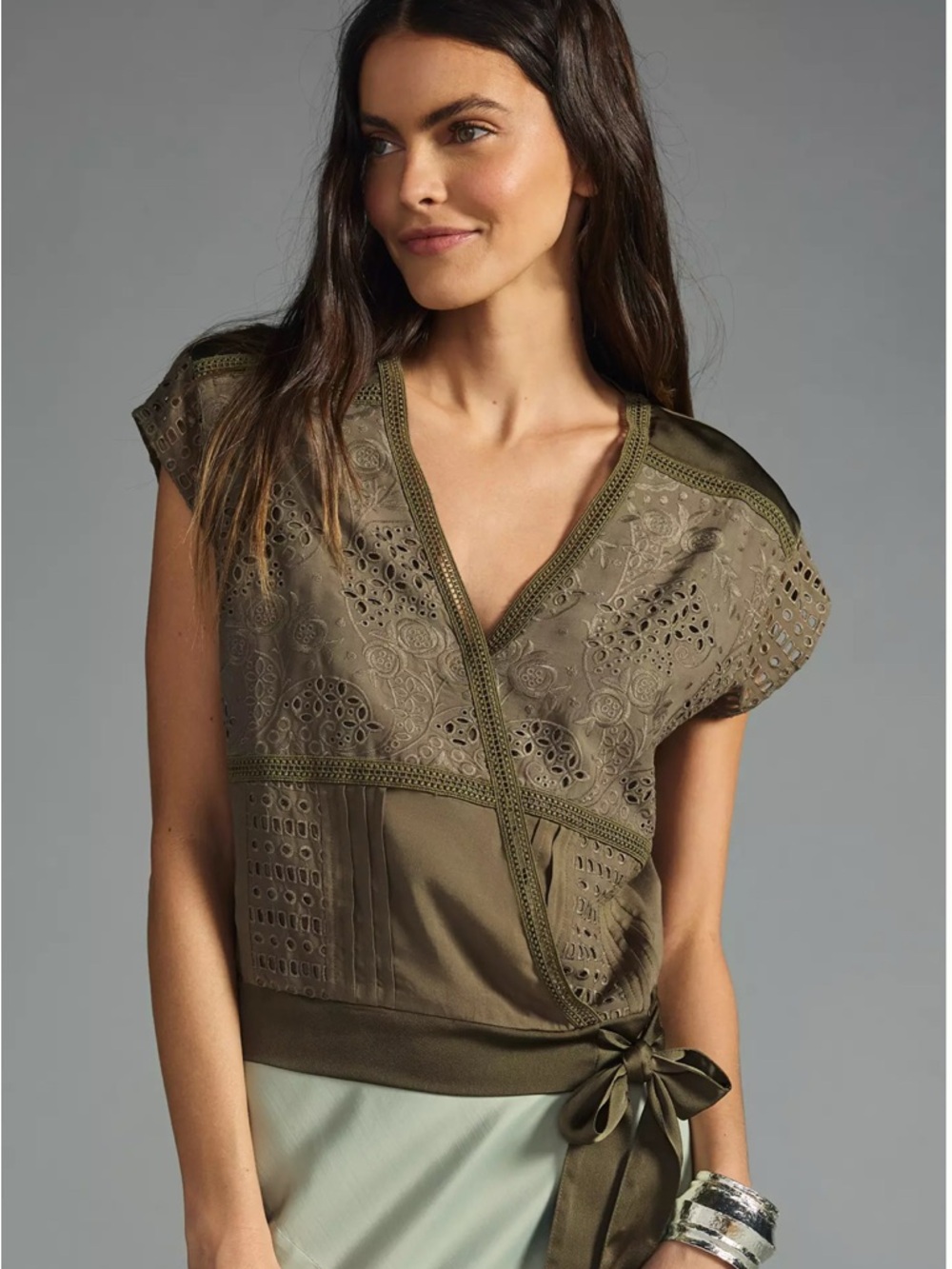 Anthropologie Olive Eyelet Wrap Blouse with Side Tie